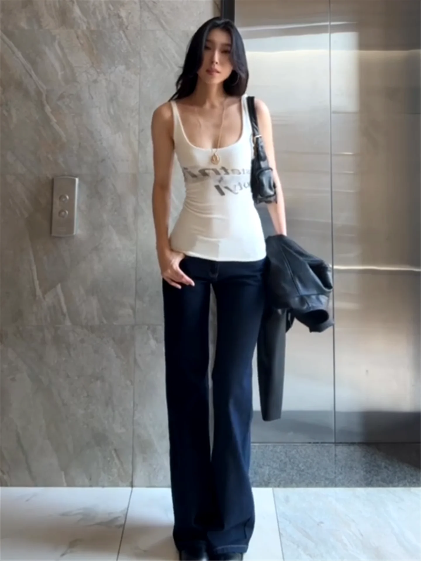 

Extended Length plus Size Deep Blue Low Waist Bell Bottom Jeans Women's Loose Slimming American Retro Floor Length Pants