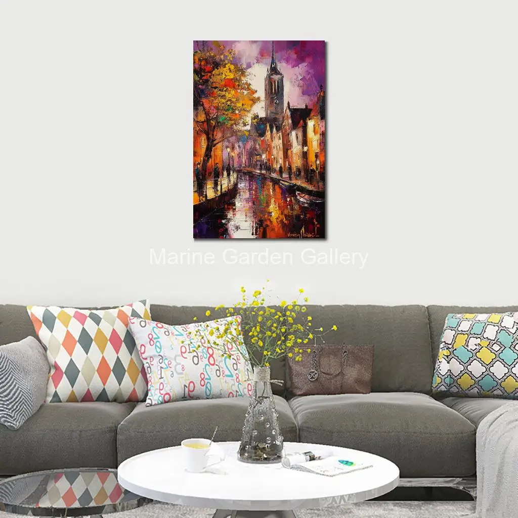 Colorful Landscape Wall Art Canvas Oil Painting Handmade Canal in Utrecht Beautiful Artwork Living Room Modern Decor Textured