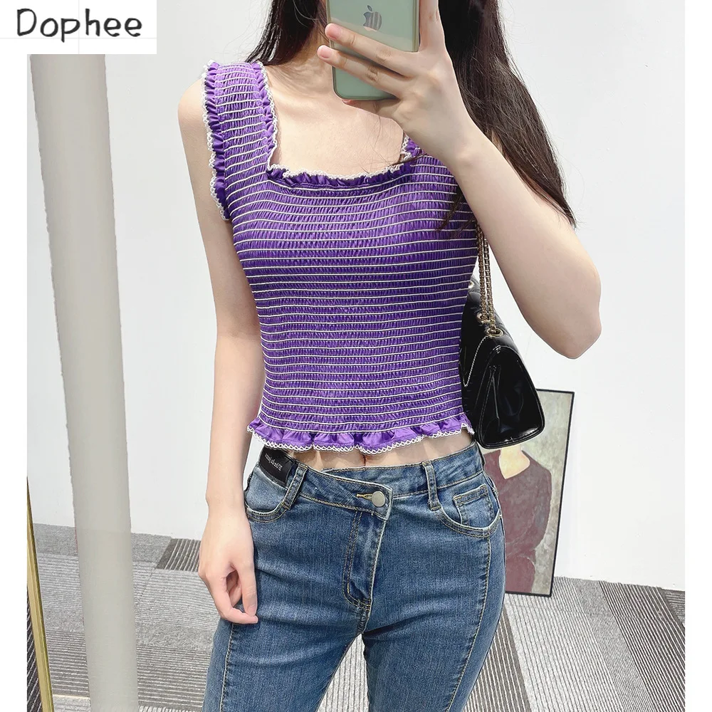 High Quality 2023 New Summer Female Purple Tanks Top New Design Ruffles Knitted Camisole All-match Sleeveless Crop Camis Tops