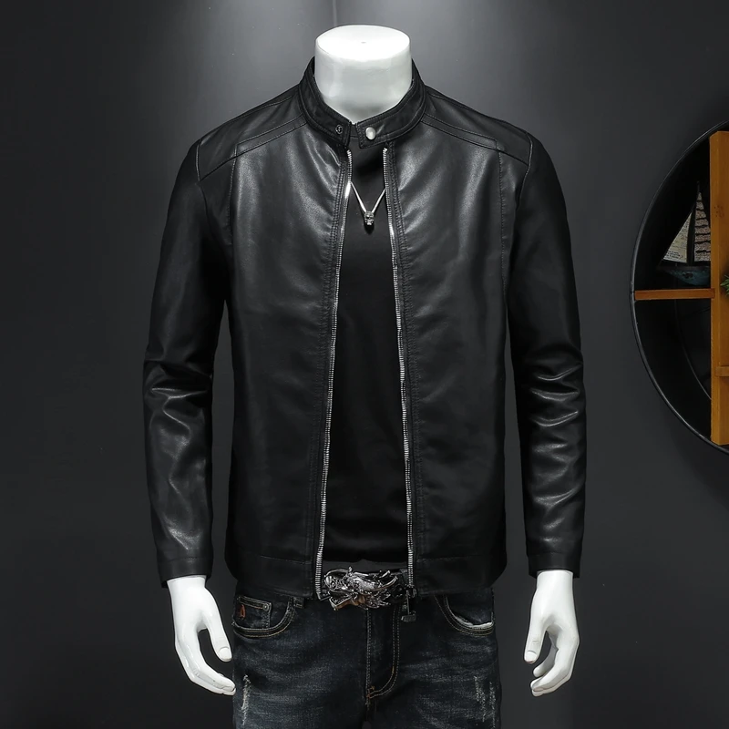 Autumn new men's stand-up collar leather jacket personality leather jacket youth oversize motorcycle clothing windbreaker