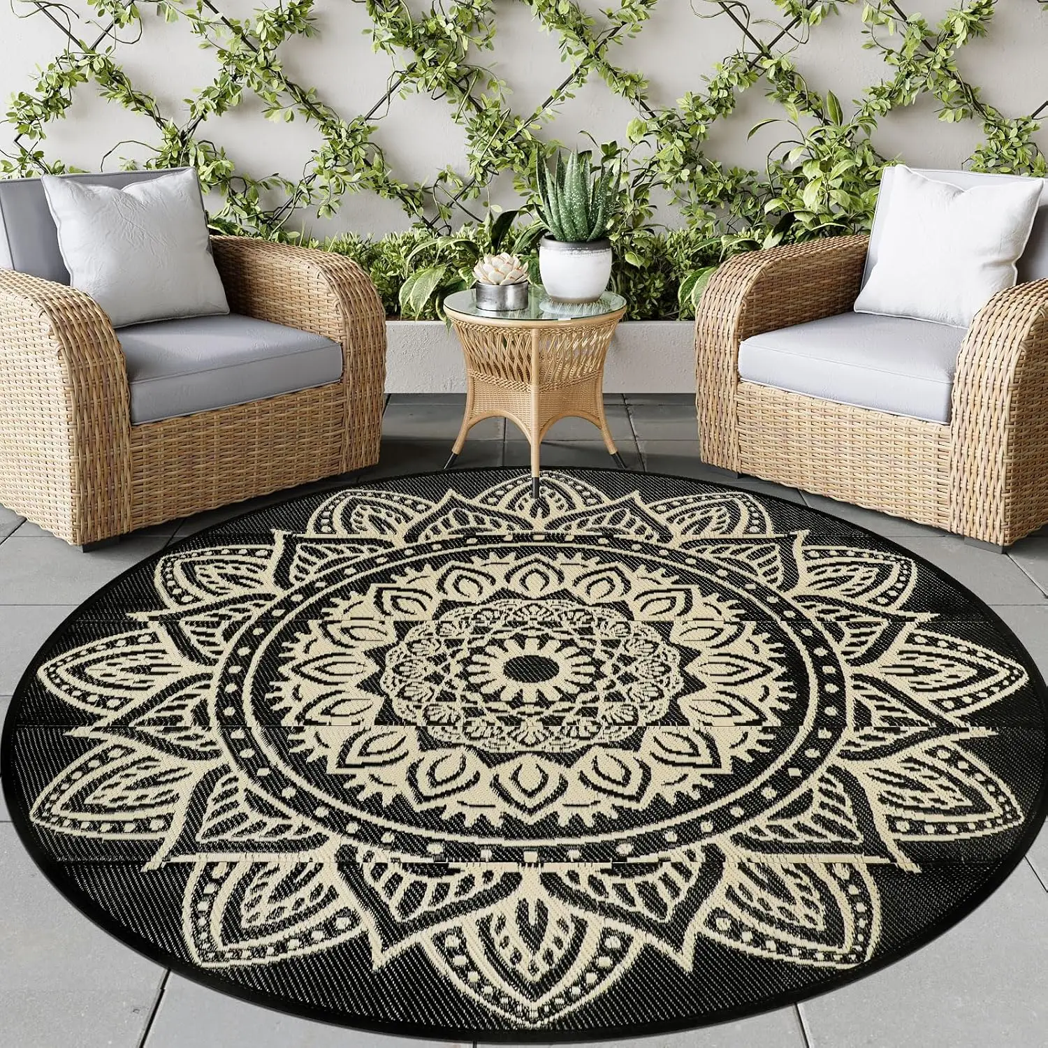 

6 Ft Round Outdoor Rug, Boho Round Patio Rug Waterproof, Outdoor Plastic Straw Rug Camping Rug RV Rugs for Outside Lightweigh