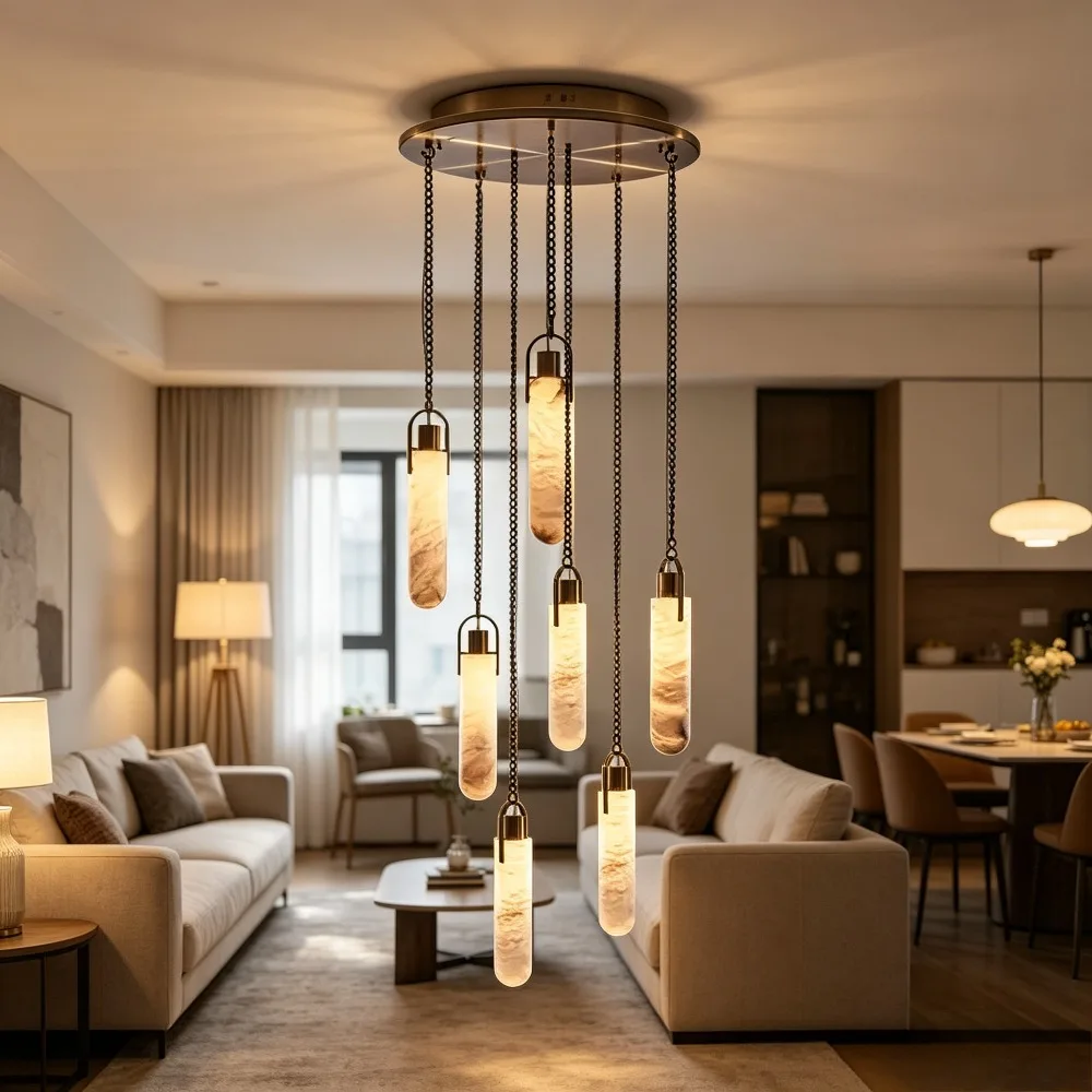 Italian Marble Chain Pendant Light for Living Room Lobby Multi-Light Spanish Marble Hanging Lamp for Loft Staircase Dining Table
