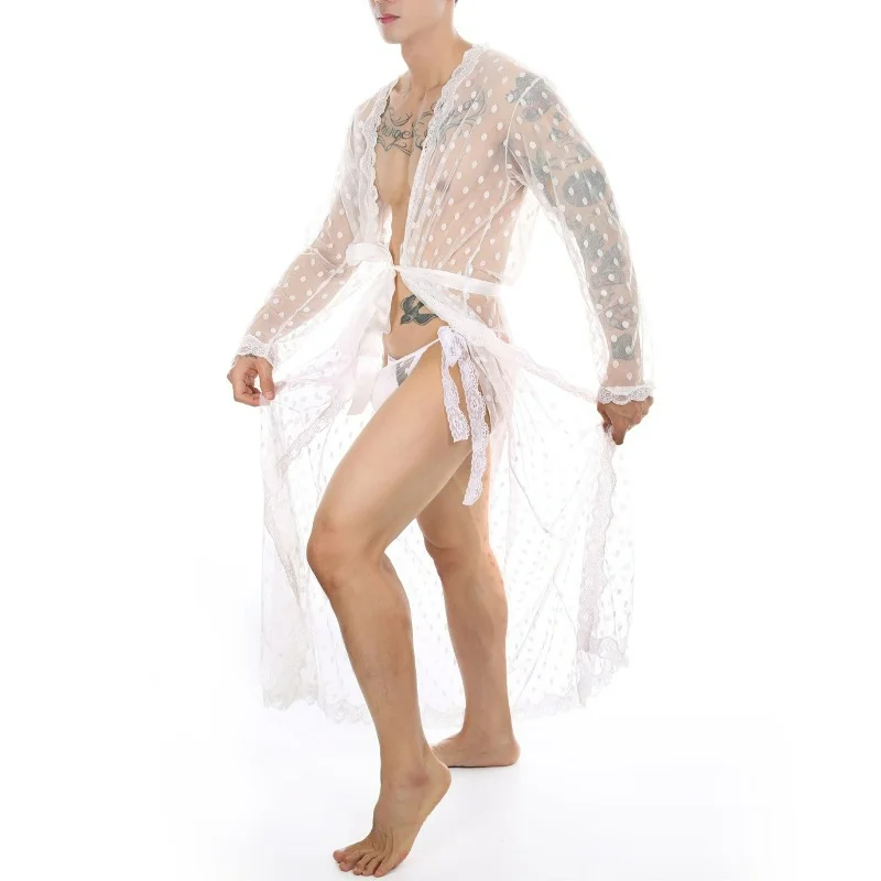 Men See-through Lace Night-robe Sexy Lingerie  Short Sleeve Cardigan Bathrobe With Nightwear Erotic See Through Men Dressing