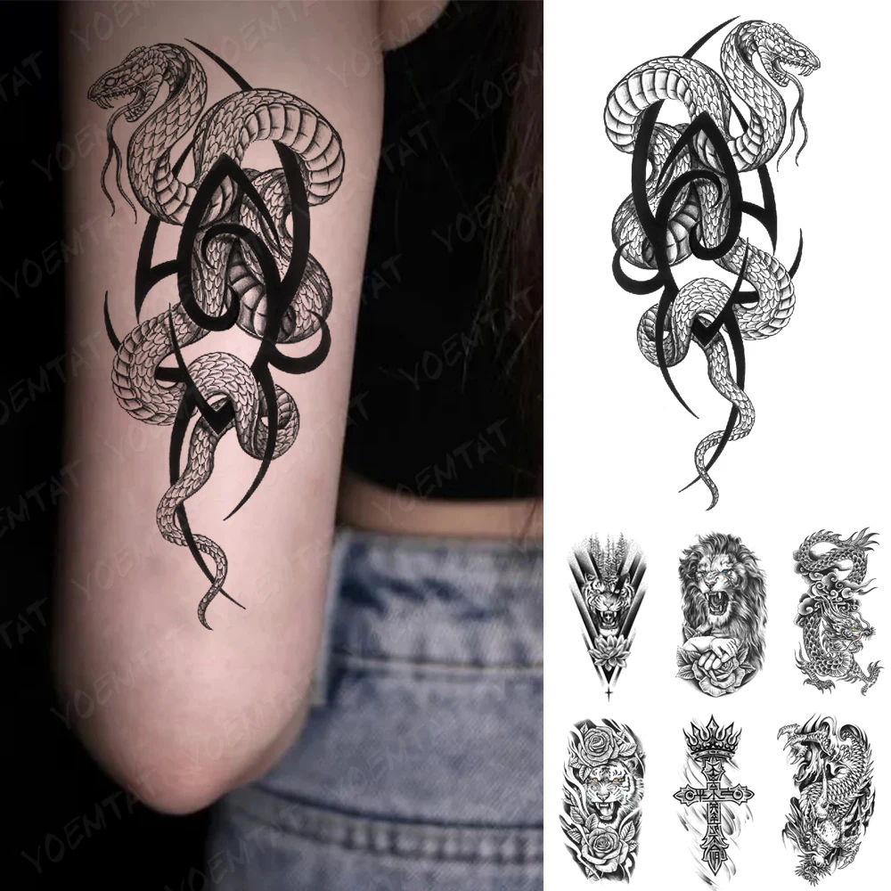 

Snake Cobra Black Waterproof Temporary Tattoos Sticker Thorn Flash Tatoo For Women Men Arm Sleeve Neck Body Art 3D Fake Tattoo