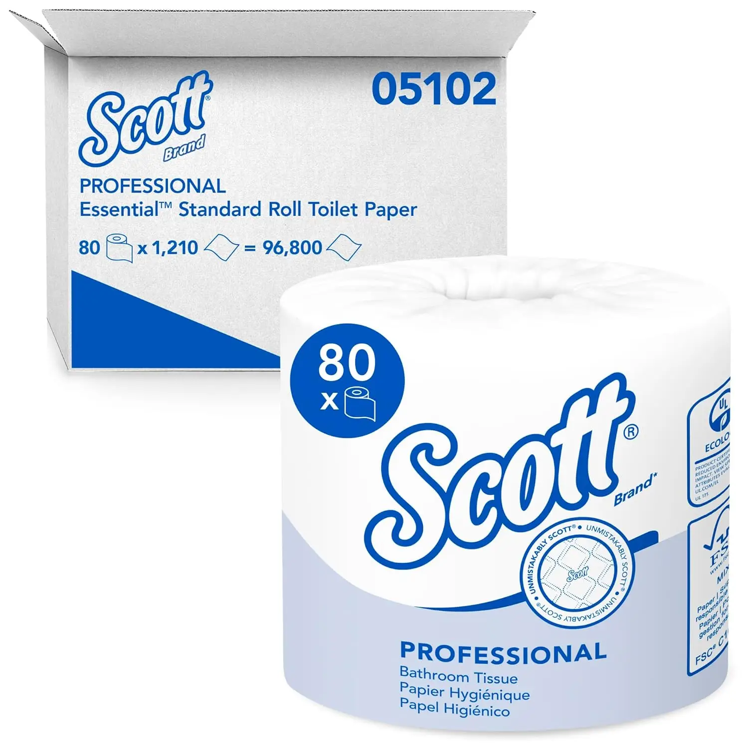 Professional Standard Roll Toilet Paper, Bulk White Individually Wrapped 80 Rolls of 1,210 Sheets