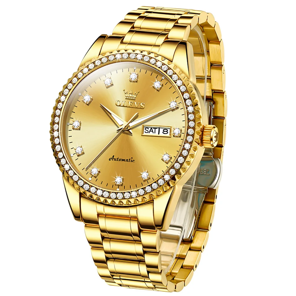 OLEVS Men Full Gold Dial Diamond Bezel Automatic Mechanical Watch Date Stainless Steel Luxury Business Male Wristwatch