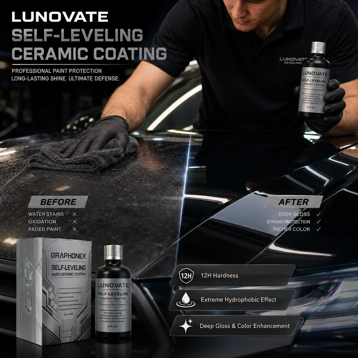 Professional Ceramic Coating 2.4OZ – Self-Leveling, Hydrophobic, Long-Lasting Paint Shield & Shine