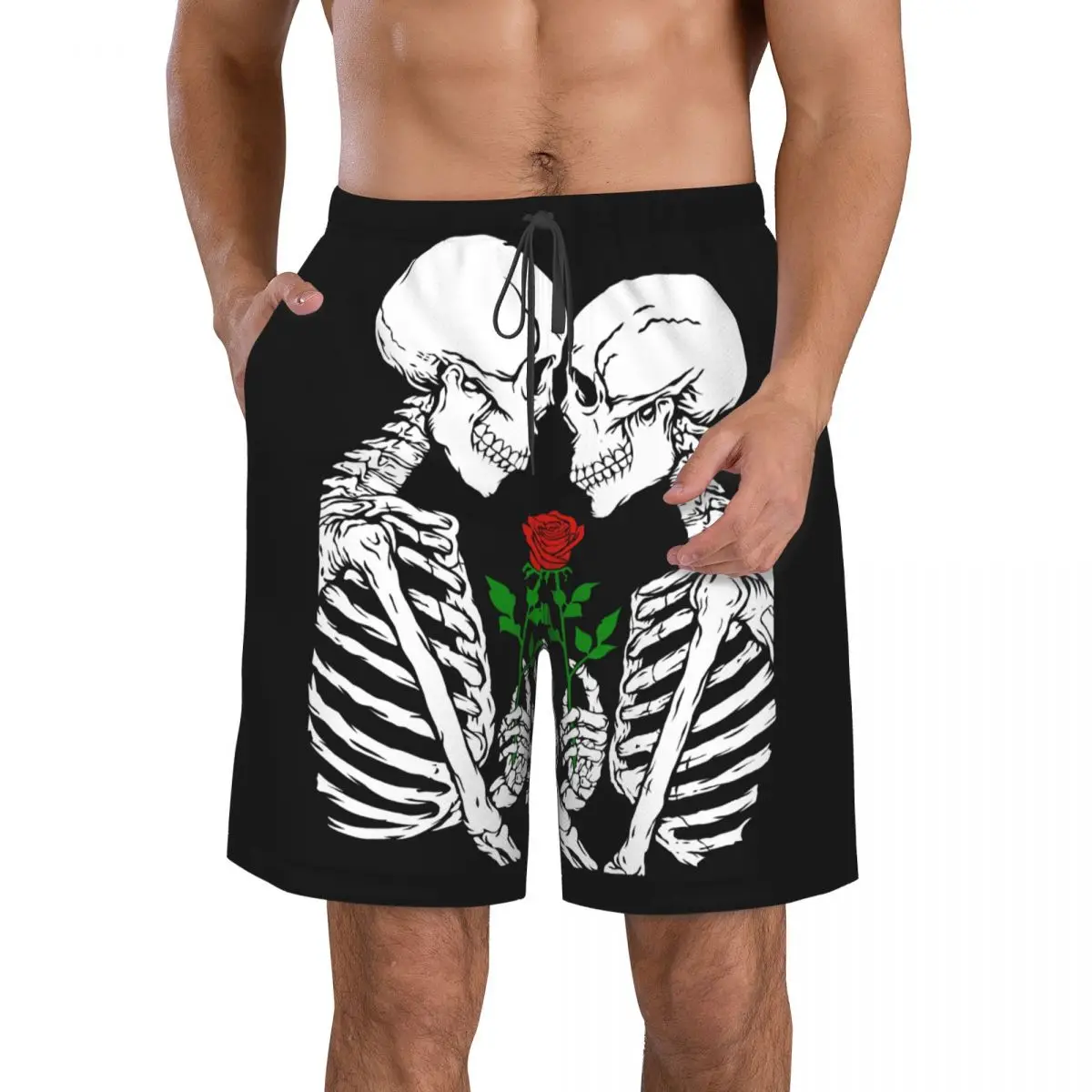 Men's Swim Shorts Trunks Rose Flower Skull Love Skeleton Beach Board Shorts Running Sports Surfing Swimwear