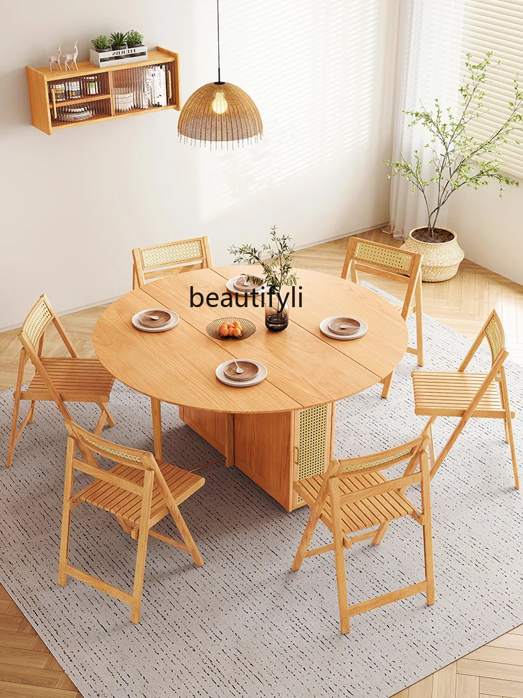 

Nordic Wood Color Small Apartment Retractable Folding round Table Modern Pure Solid Wood without Auxiliary Materials Full Ash