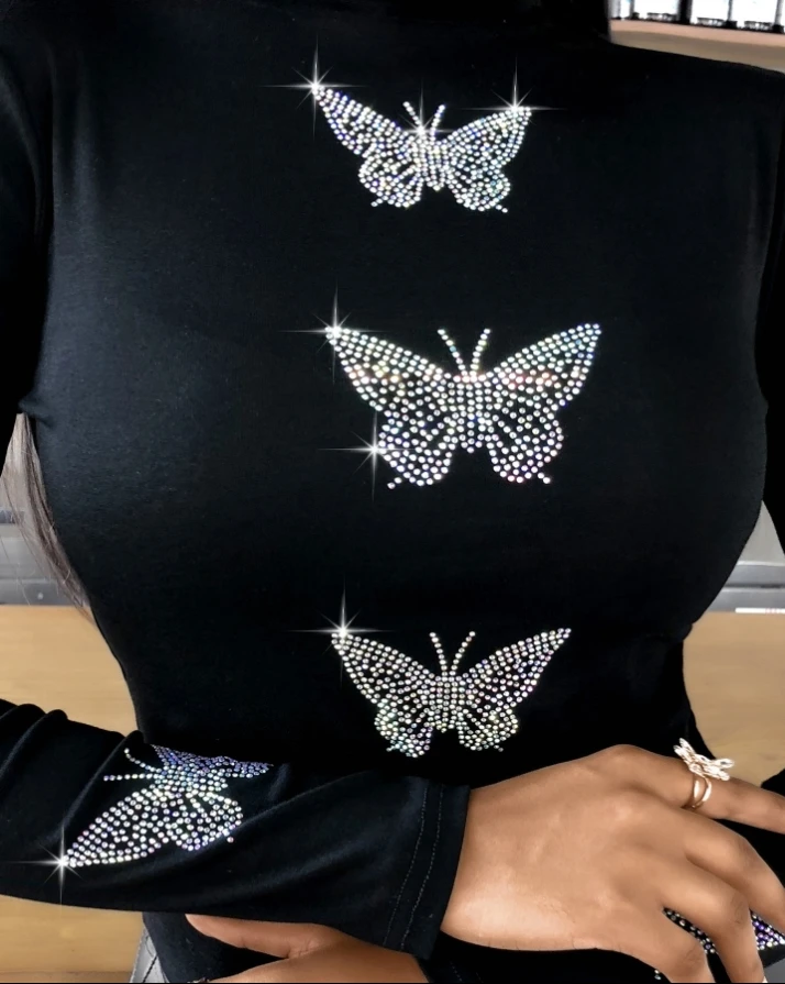 Butterfly Pattern Studded Long Sleeve Top Y2K Clothes One Piece Fashion Woman Blouses 2024 Women\'s Outfits Female Clothing Tees