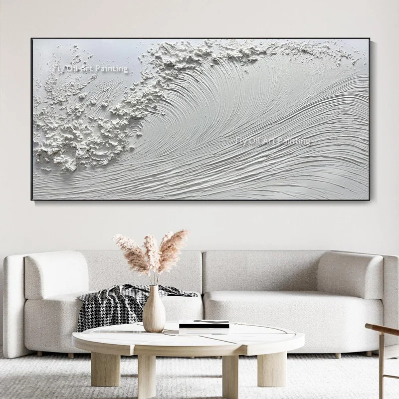 Hand Painted Modern Artwork Large Blue White Seascape Knife Thick Oil Painting On Canvas Abstract White Seawaves Wall Decor