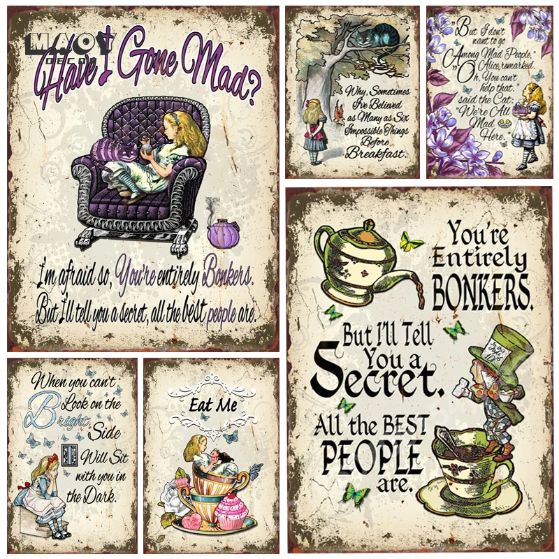 Alice in Wonderland Mad Metal Tin Signs for Girls Bedroom Wall Aesthetics Decoration Cafe Coffee Shop Plaques Vintage Posters