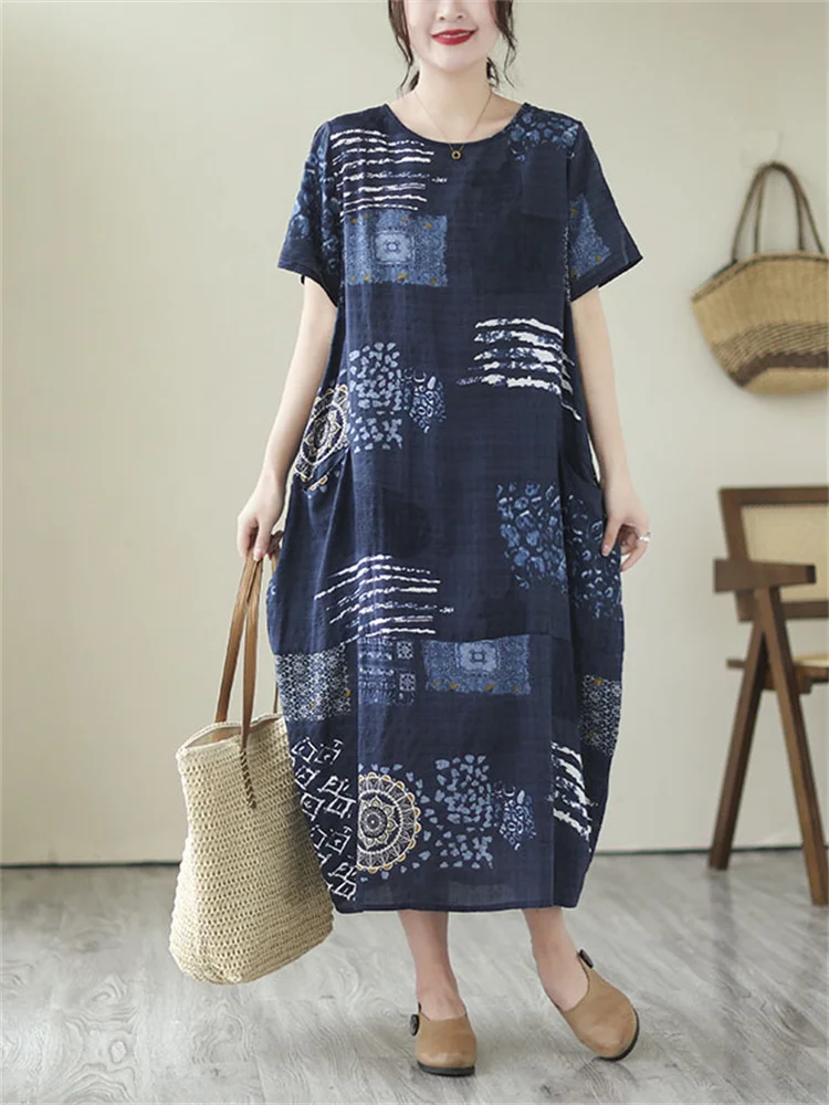 Oversized Summer Vintage Cotton Women Print Dress Pullover Ladies Womens Floral Dresses Korea Casual Loose Big Size Long Dress