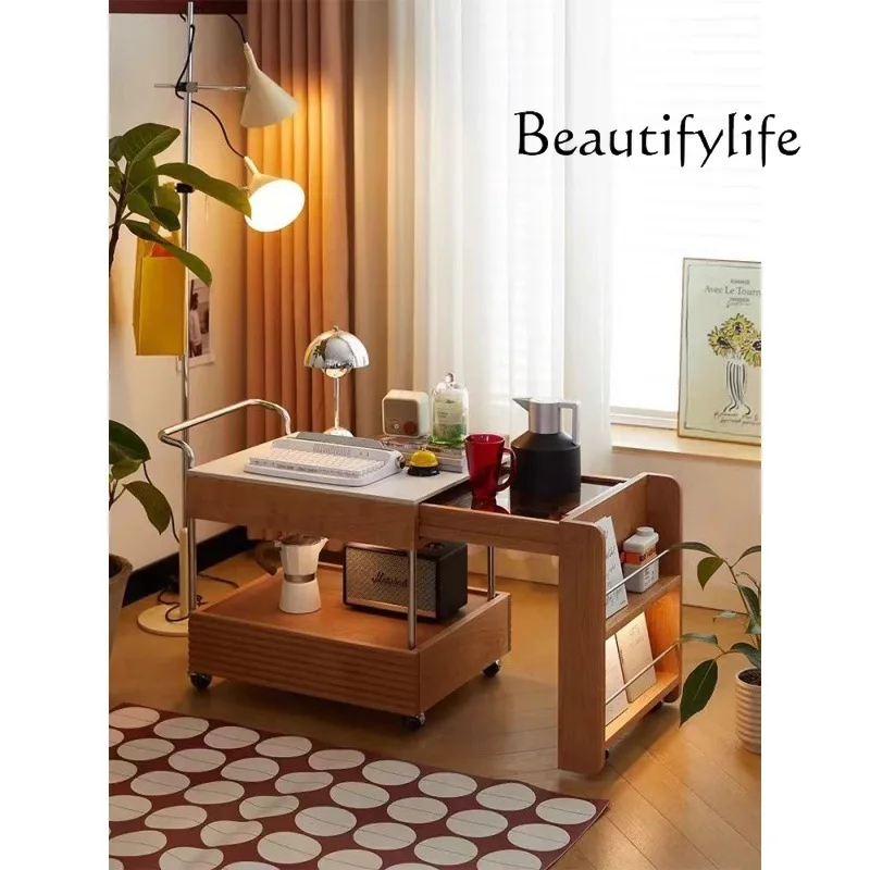 Coffee table solid wood living room sofa small table surrounding stove tea mobile tea cabinet Japanese movable retractable rock