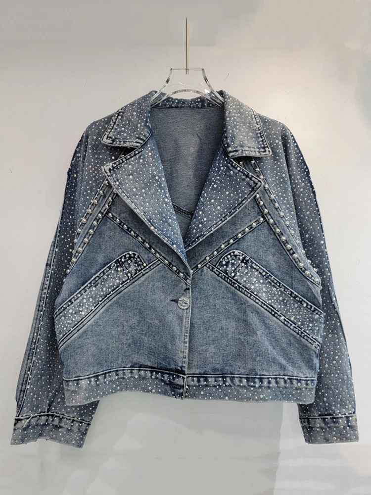 DEAT Vintage Fashion Women's Patchwork Design Design Loose Denim Coat 2024 Autumn Trendy Single Breasted Jacket Female 11A0676