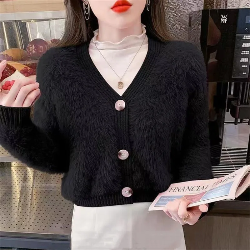 Autumn Winter Women\'s SolidV-Neck Flocked Button Screw Thread Long Sleeve Sweater Knitted Cardigan Coats Fashionable Casual Tops