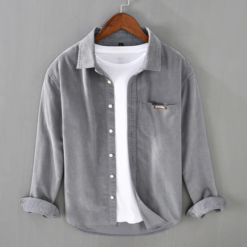 New Men's Casual Long Sleeve Corduroy Shirt High End Workwear Stylish Collar Flip Shirt for Spring Autumn Polyester Fiber