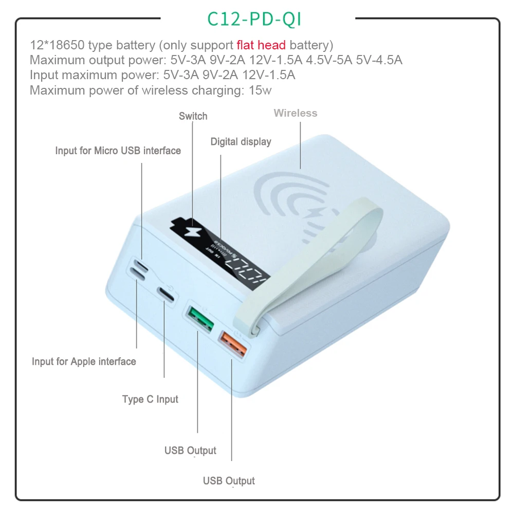 22.5W PD Quick Charge Power Bank Case 12*18650 Battery Holder LED Light Wireless Charge QC3.0 Powebank Shell Battery Storage Box