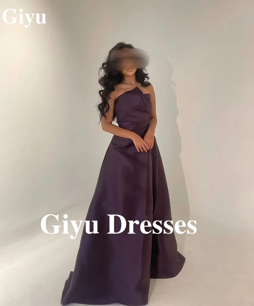 Giyu Elegant Purple Satin Evening Dress Sleeveless Off The Shoulder Bodice Pleated Floor Length Formal Prom Dresses Party Gowns