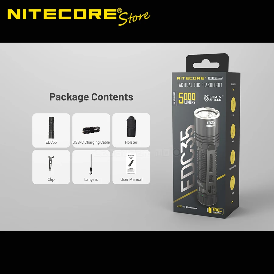 5000 Lumens NITECORE EDC35 Tactical EDC Flashlight Built-in 6,000mAh 21700 Li-ion Battery