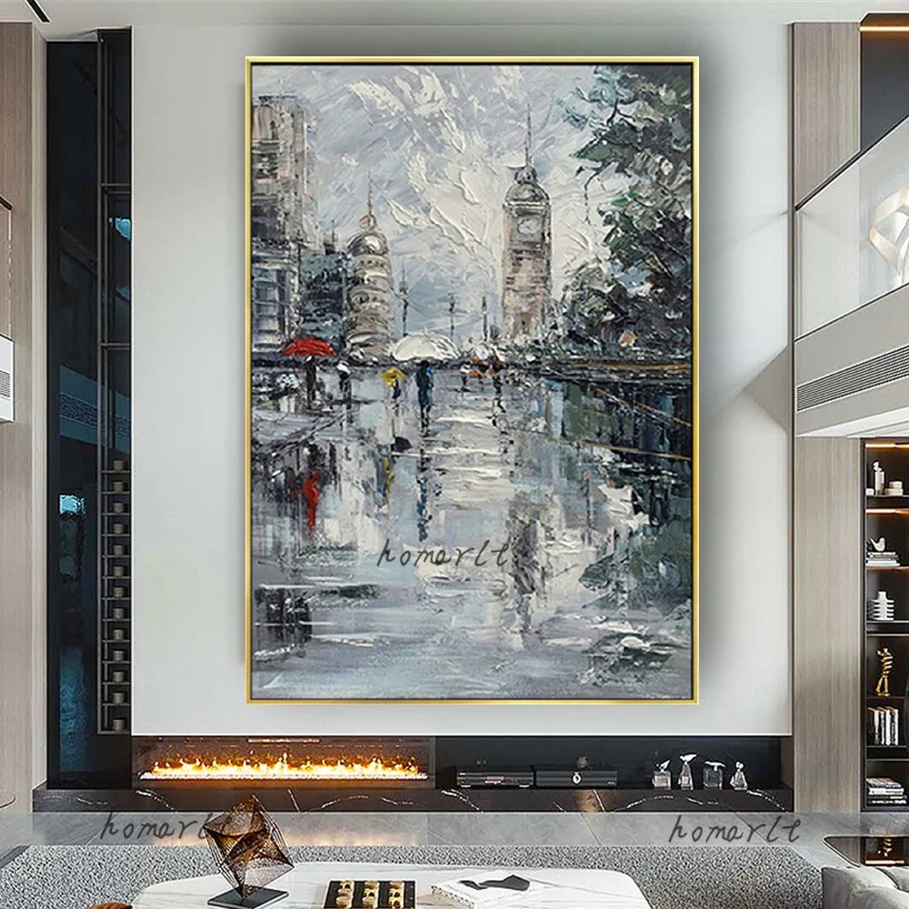 

New Painting Exhibits Modern Hand-Painted Abstract Canvas Pictures Thick Oil Texture City Street View Poster Wall Art Decor Home