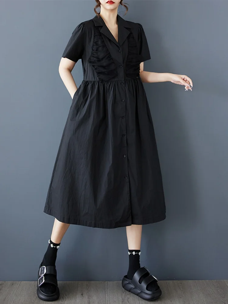 Novo verão solto malha emenda vestido casual feminino simples doce manga curta lapela camisa vestidos