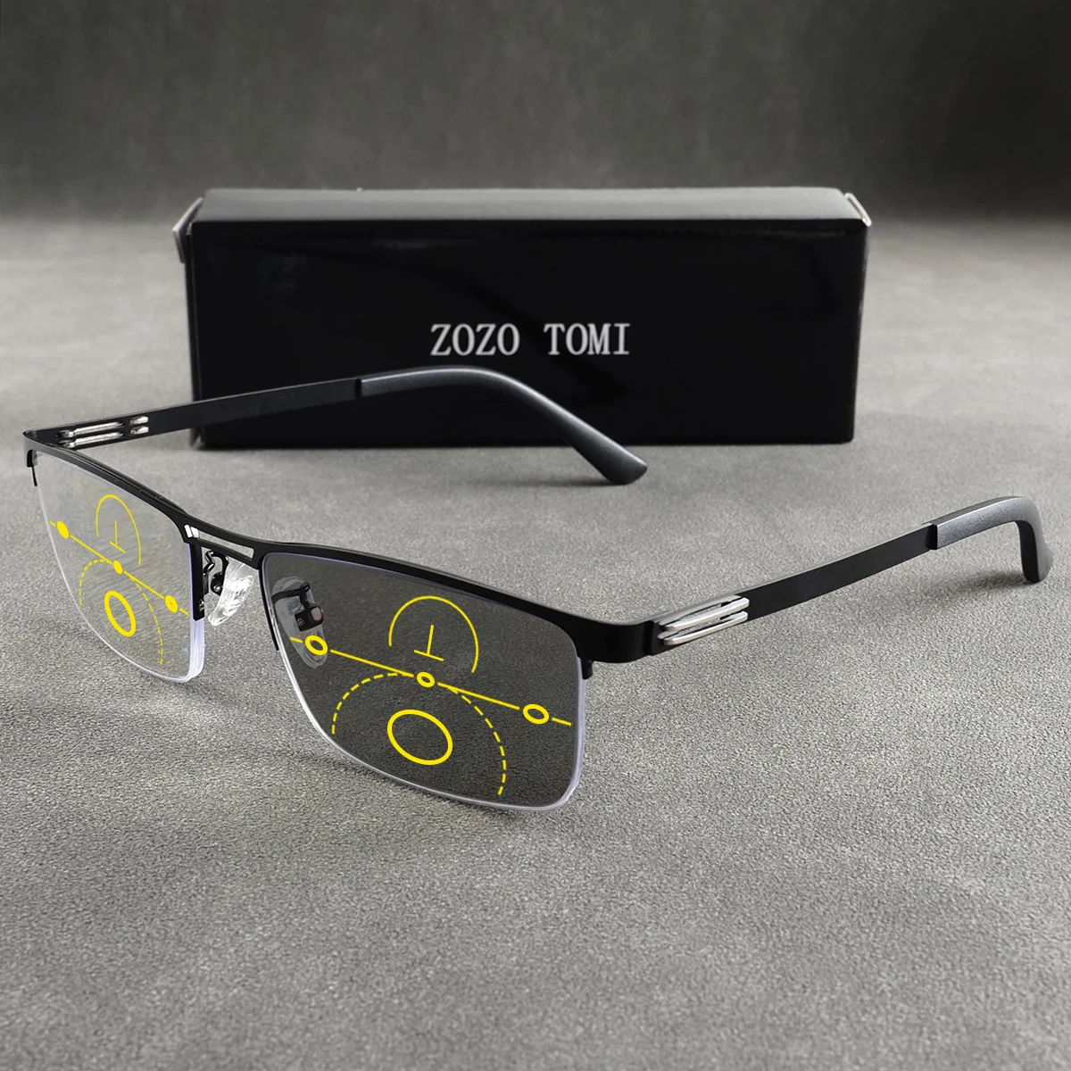 Lunettes de lecture photochromiques, multifocales progressives, demi-monture en métal, charnière à ressort, confortables à porter, unisexe.