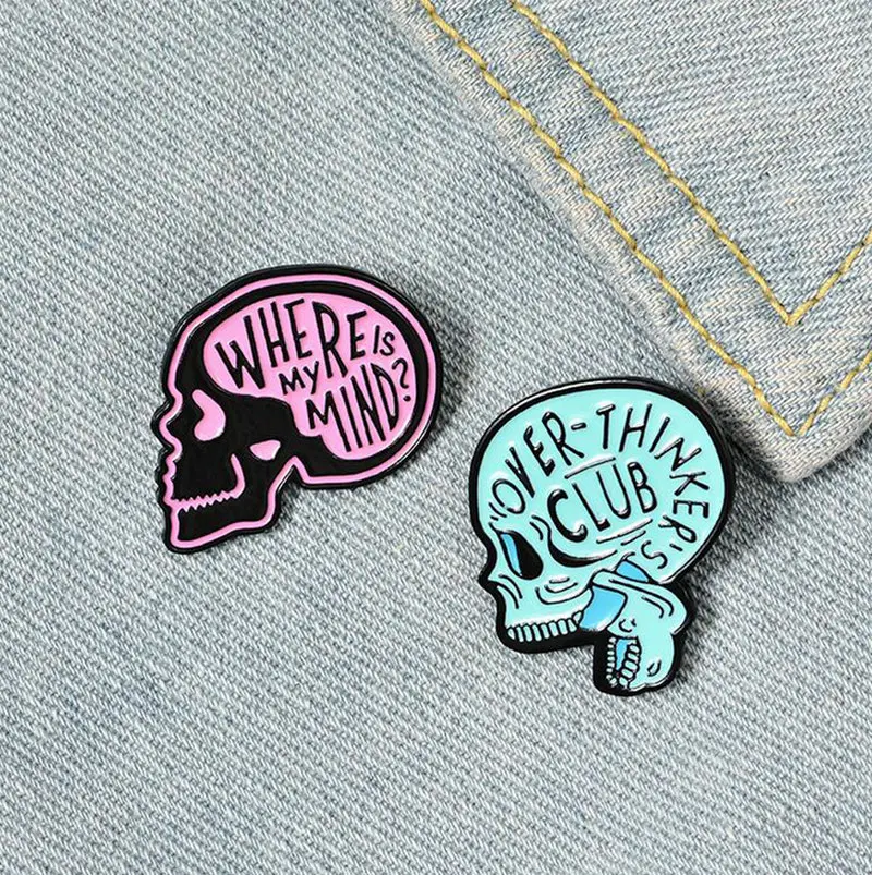 

Where is my mind Enamel Pins Custom Overthink Skull Brooches Lapel Pin Shirt Bag Skeleton Badge Humor Jewelry Gift for Friends
