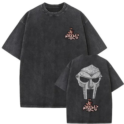 Imagen 1 del producto Camiseta casual estilo callejero para hombre y mujer, moda hip-hop, manga corta, rapero vintage lavado, camiseta con patrón de comida Mf Doom MM