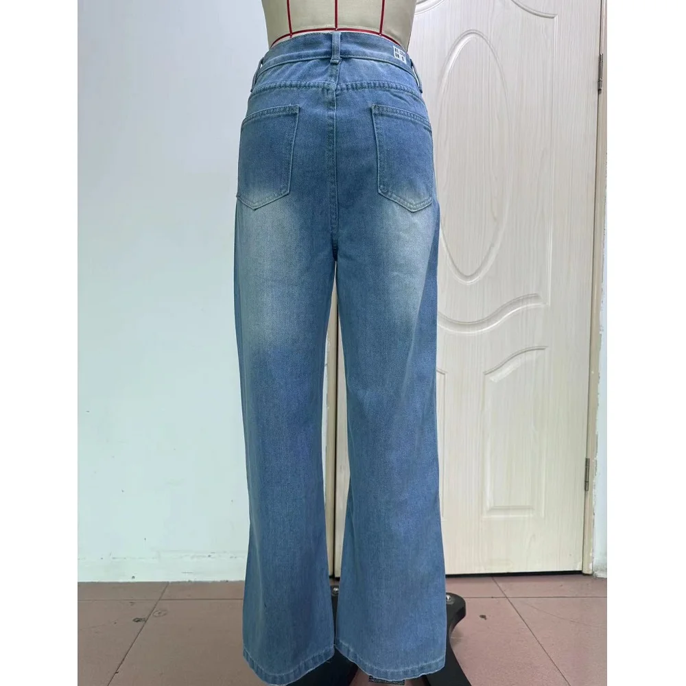 Women Vintage Washed Denim Jeans Middle Waist Wide Leg Pants Ladies Casual Full Length Jean
