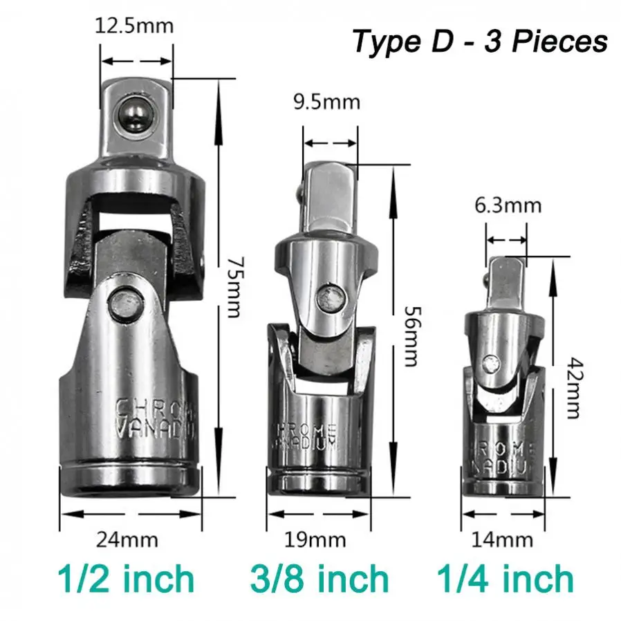 1/2 3/8 1/4 Wrench Sleeve 360 Degree Adjustable Socket Wrench Joint Swivel Knuckle Joint Air Impact Wobble Socket Adapter