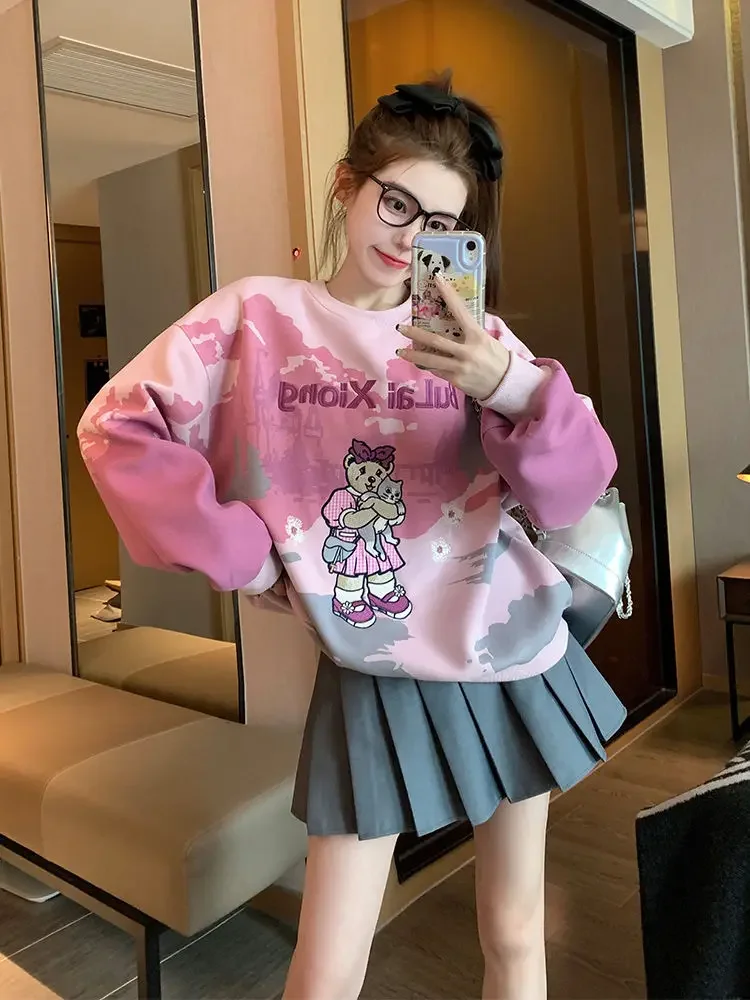 Japanese Cute Cartoon Embroidery Sweatshirt Women Y2k Harajuku Hoodie Spring Autumn Pullover Tie-dye Long Sleeve Tops O-neck New