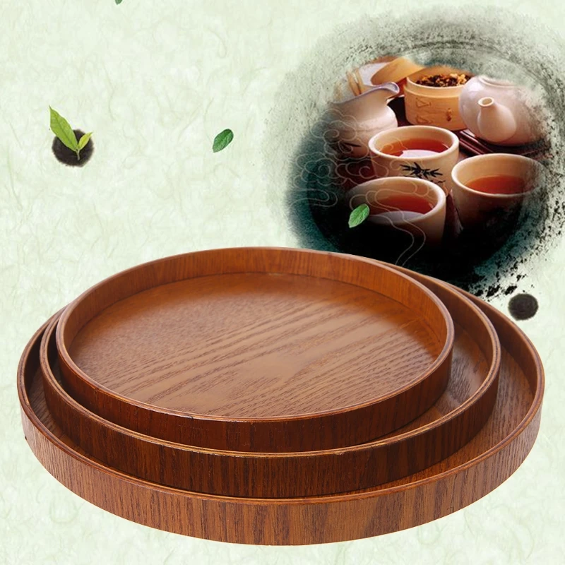 Natural Wooden Round Plate Tea Fruit Food Bakery Serving Tray Dishes Platter New