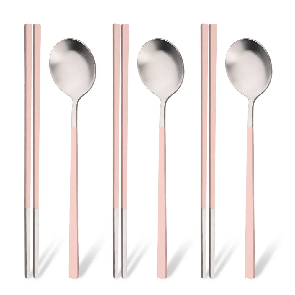 Rosa Silber Matte Koreanische Geschirr Set 6Pcs Luxus Besteck Set Edelstahl Geschirr Löffel Stäbchen Besteck Besteck Set