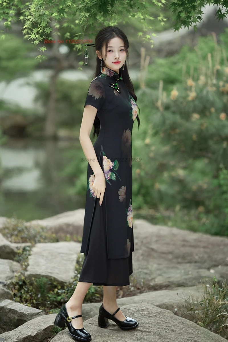 2025 vietnam aodai traditional dress chinese improved qipao national flower print cheongsam a-line dress evening banquet dress