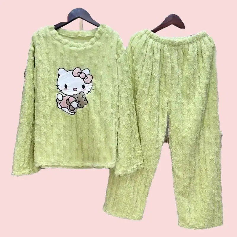 Hello Kitty corail polaire en peluche pyjamas ensemble mignon femmes automne hiver Pijama épaissi flanelle maison fourrure ensemble étudiant chemise de nuit