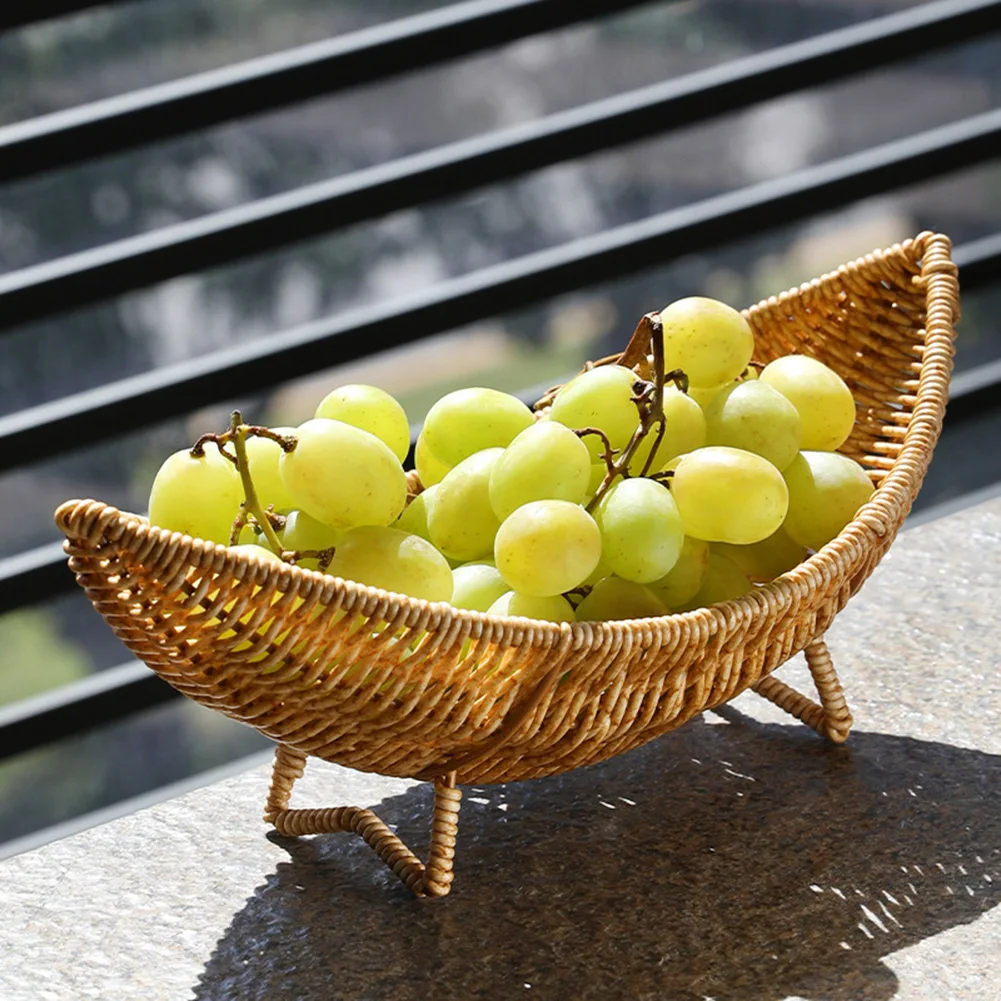 Rattan Fruit Bowl Tray For Coffee Table Basket Rattan Fruit Tray Hollow Drain Basket Fruit Plate Home Decor Storage Basket