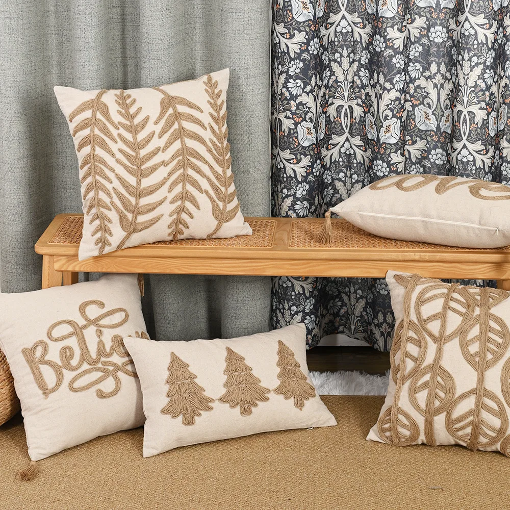 

Linen Cushion Cover with Rope Embroidery Letter & Leaf Design Fringe Tassels Elegant Luxury Boho Pillow Case for Sofa Home Decor