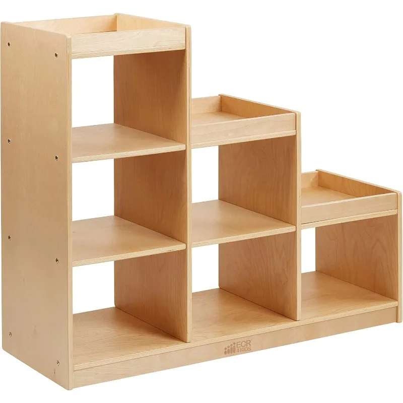 Kids Furniture, 6 cube storage organizer has a stairstep design with additional storage on top for toy storage, Natural