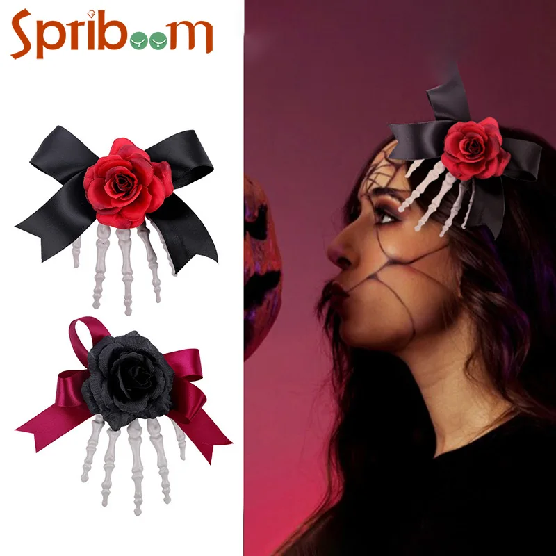 Halloween Ghost Hair Clips Skeleton Hand Bone Hairpin Rose Bow Hand Side Clip Gothic Personality Hair Accessories for Women Gift