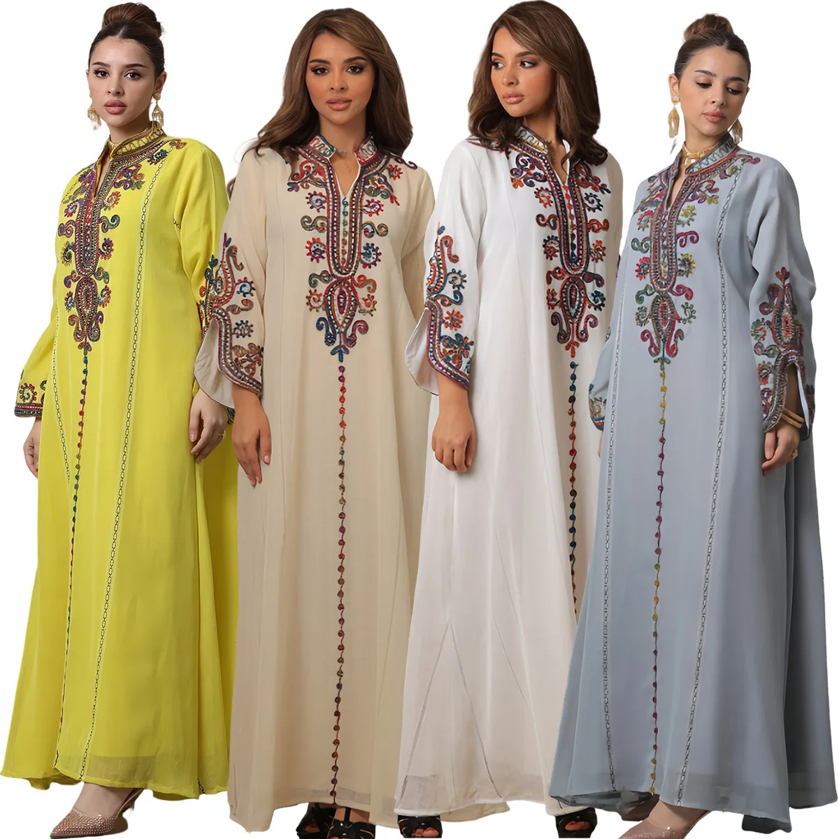 Eid Mubarak Muslim Abayas Flower Printing Maxi Dress Diamonds Pearls Women Jalabiya Round Neck Dubai Ramadan Kaftan Turkey Gown