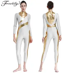 Women Ballet Dance Gymnastics Leotard Figure Skating Acrobatics Yoga Jumpsuit Mock Neck Long Sleeve Metallic Shiny Bodysuit