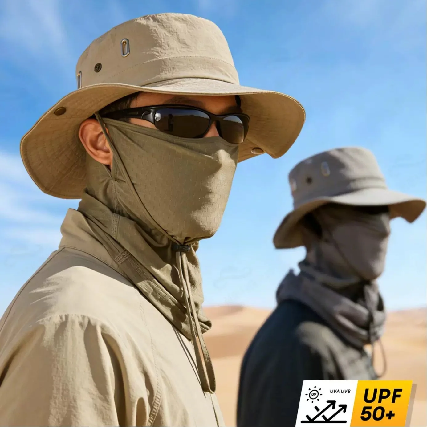 Men's Desert Sandproof Hat Windproof Sun Protection Face Mask Hiking Special Equipment Set Adjustable round Top Large Brim Fo...
