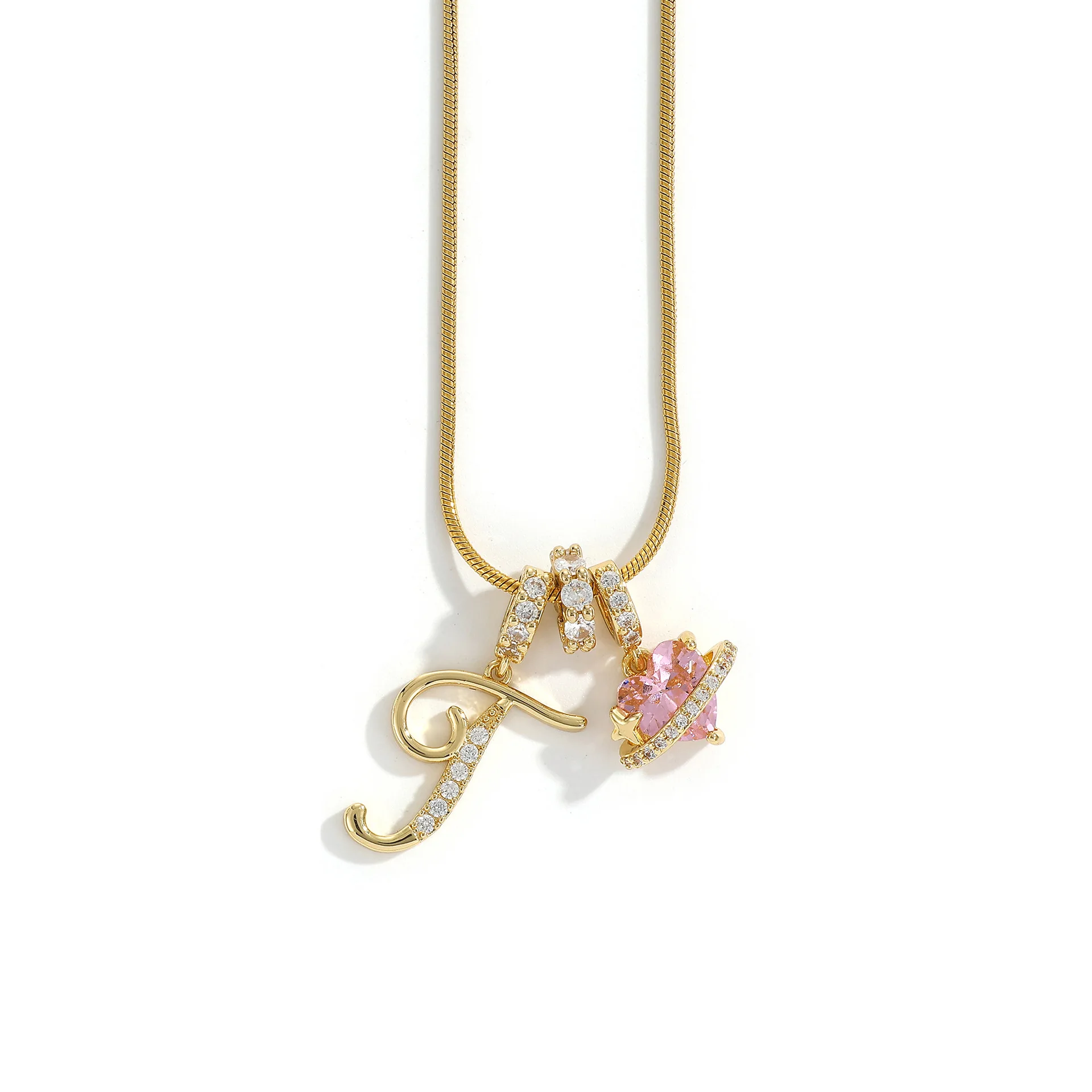 Women's A-Z Initial Letter Pendant Necklace Snake Chain Initial Alphabet CZ Pink Heart Necklace Adjustable Size Hypoallergenic