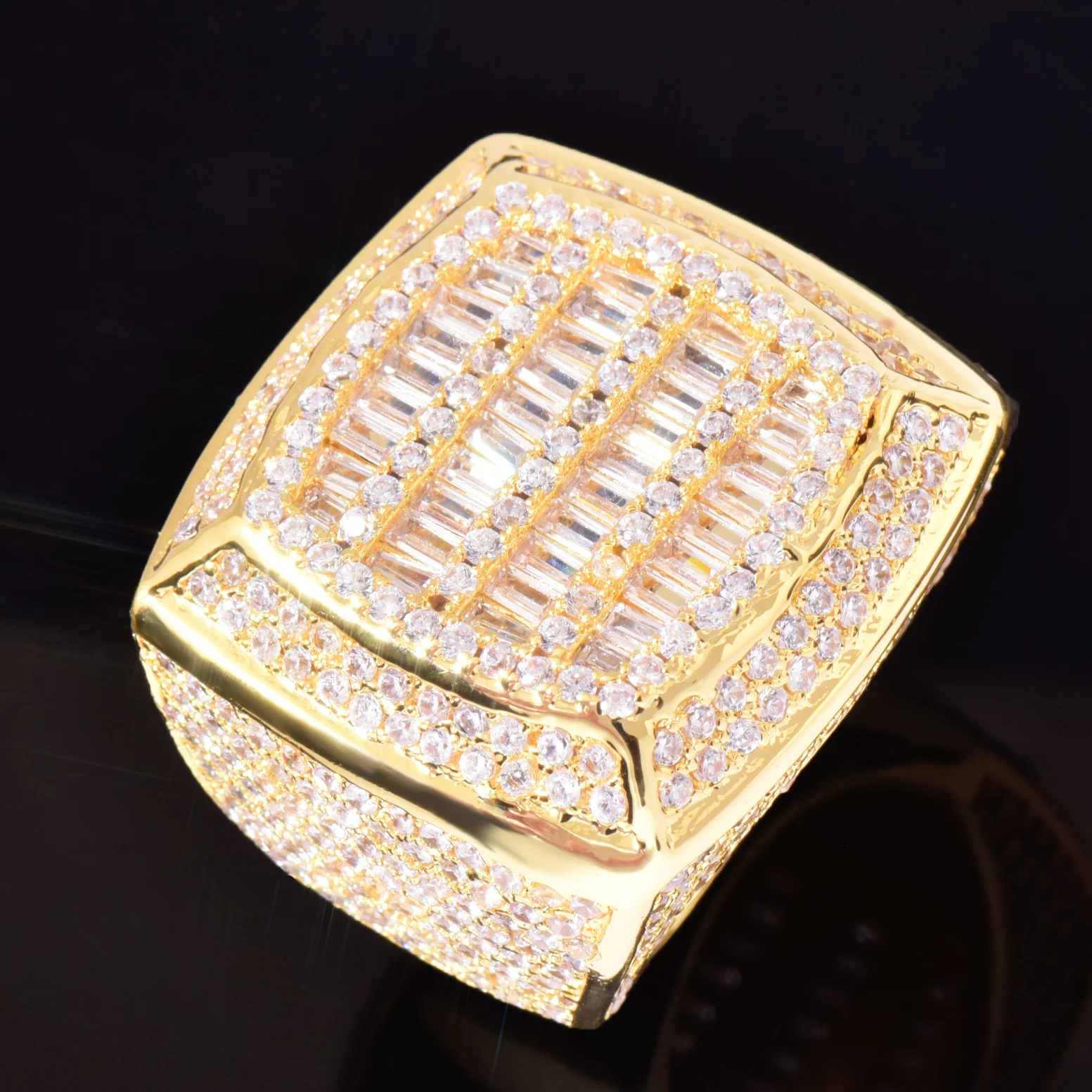 CUC Baguette Cut Square Iced Out Men Ring AAAA Fully Iced Zircon Fashion Rock Rings Gold Silver Color Copper Jewelry