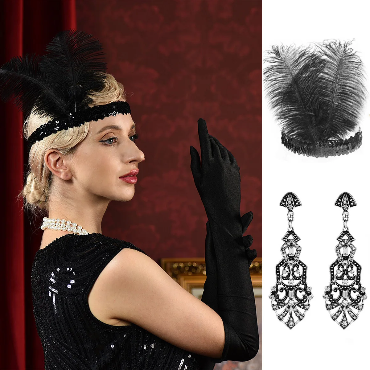 2 stücke Frauen große Gatsby Single Party Feder Haar Zubehör Ohrringe Make-up Ball Dinner Party Leistung Haar Zubehör