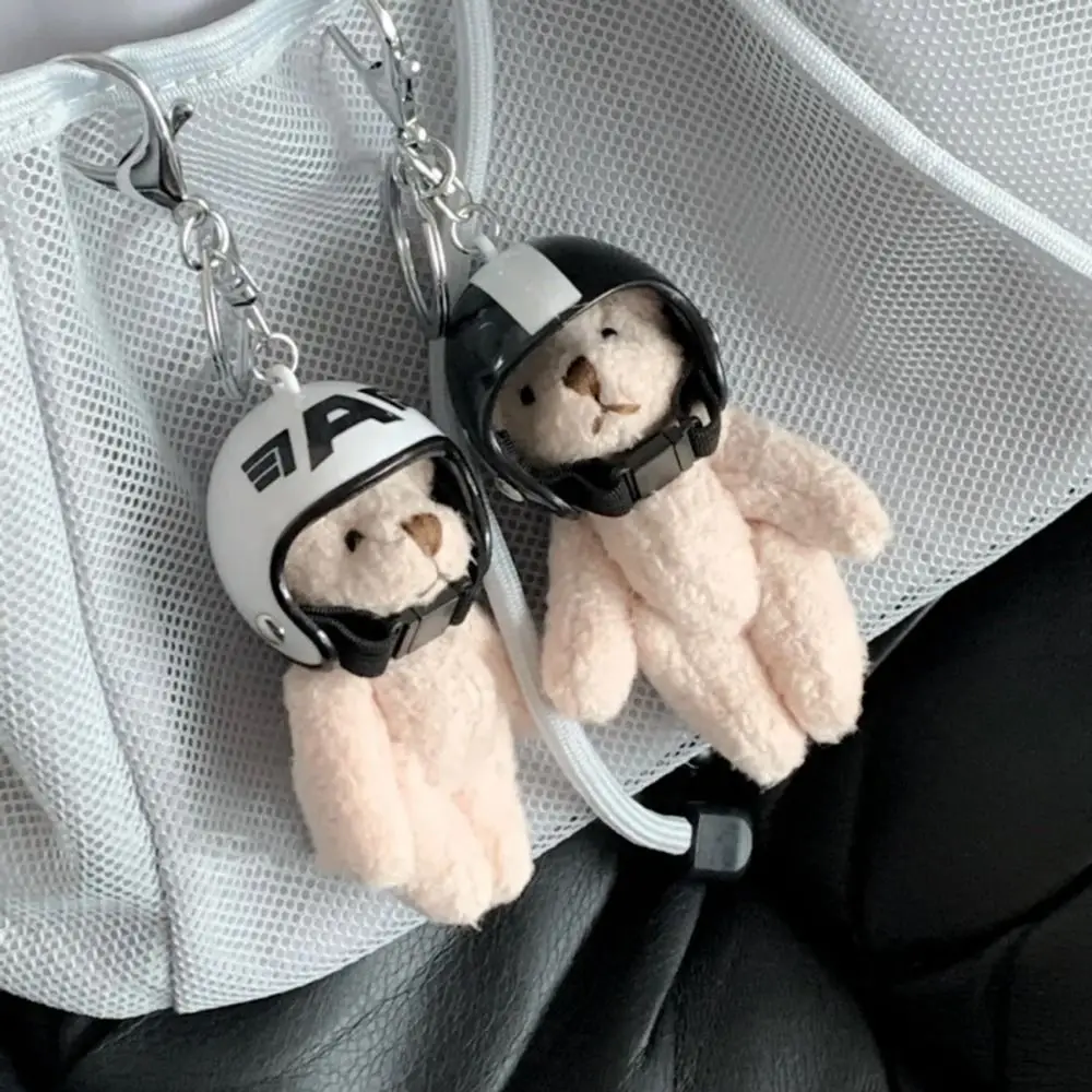 Lovely Helmeted Bear Charm Keychains Y2K Plush Stuffed Doll Pendant Car Keyring Backpack Decor Bag Car Key Chains Jewelry Gifts