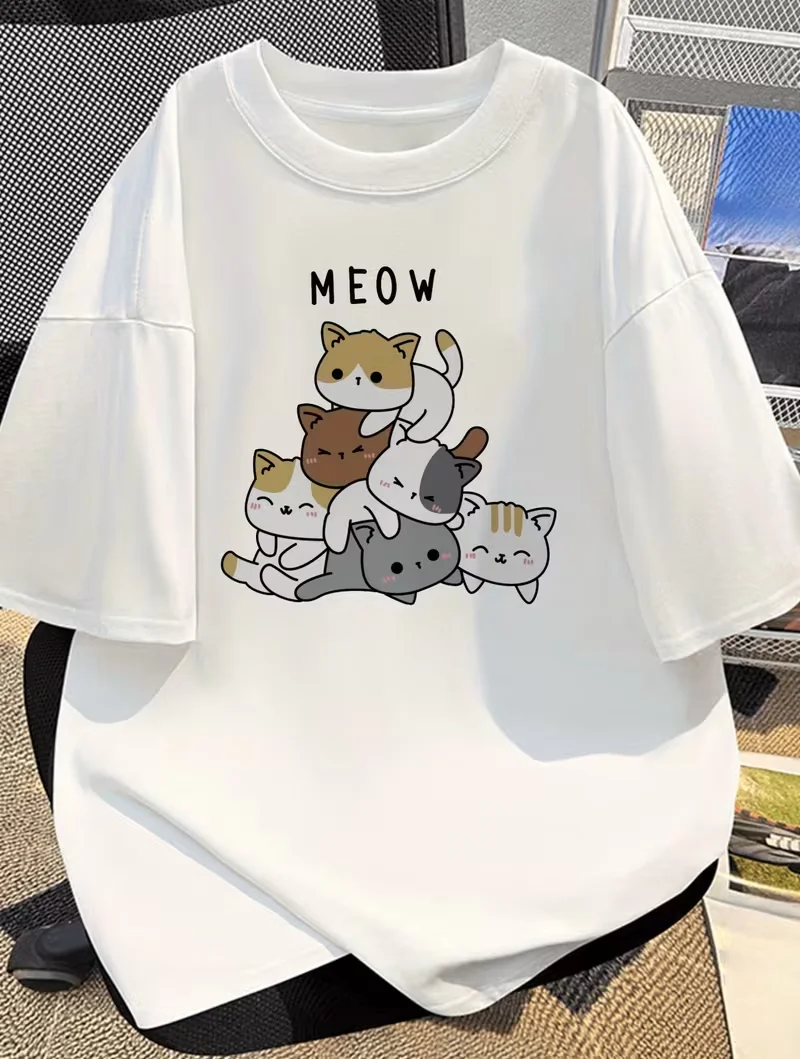 Short-Sleeve T-Shirt with Cartoon Cat Print and Text, Summer Casual Commuter Top for Men and Women Fashion Streetwear