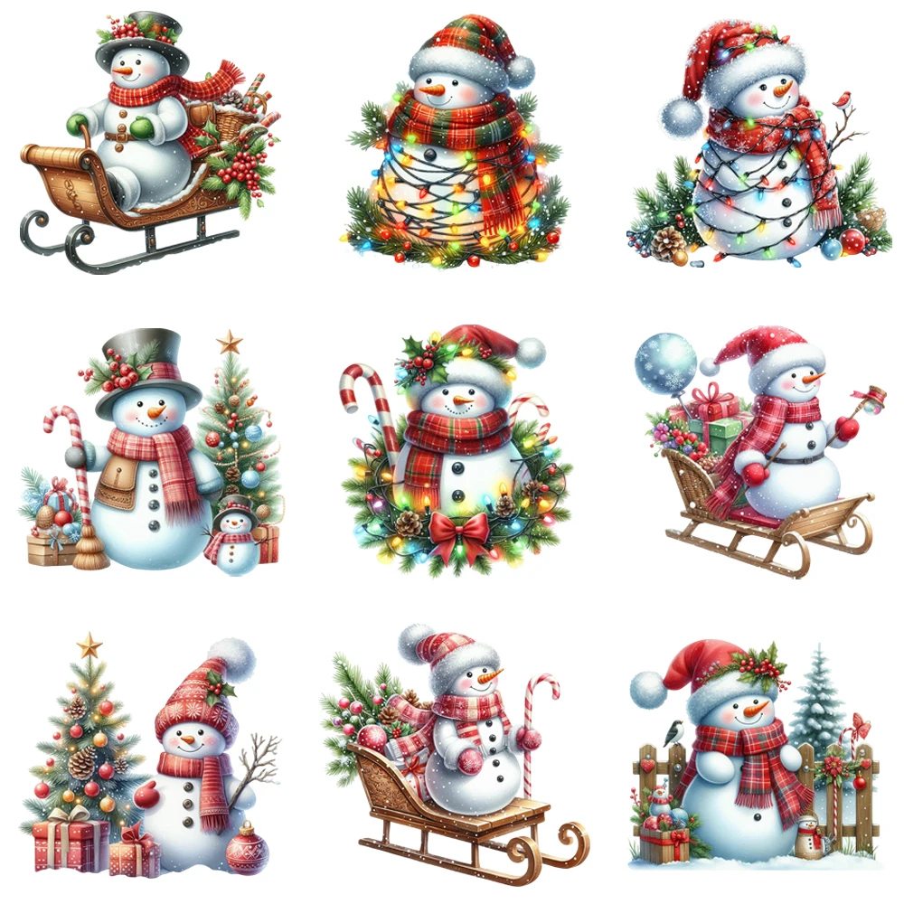 15cm Merry Christmas Colorful Light Strip Snowman Diy DTF Heat Transfer Sticker T-shirt Clothes Decals Iron On Transfer Stickers