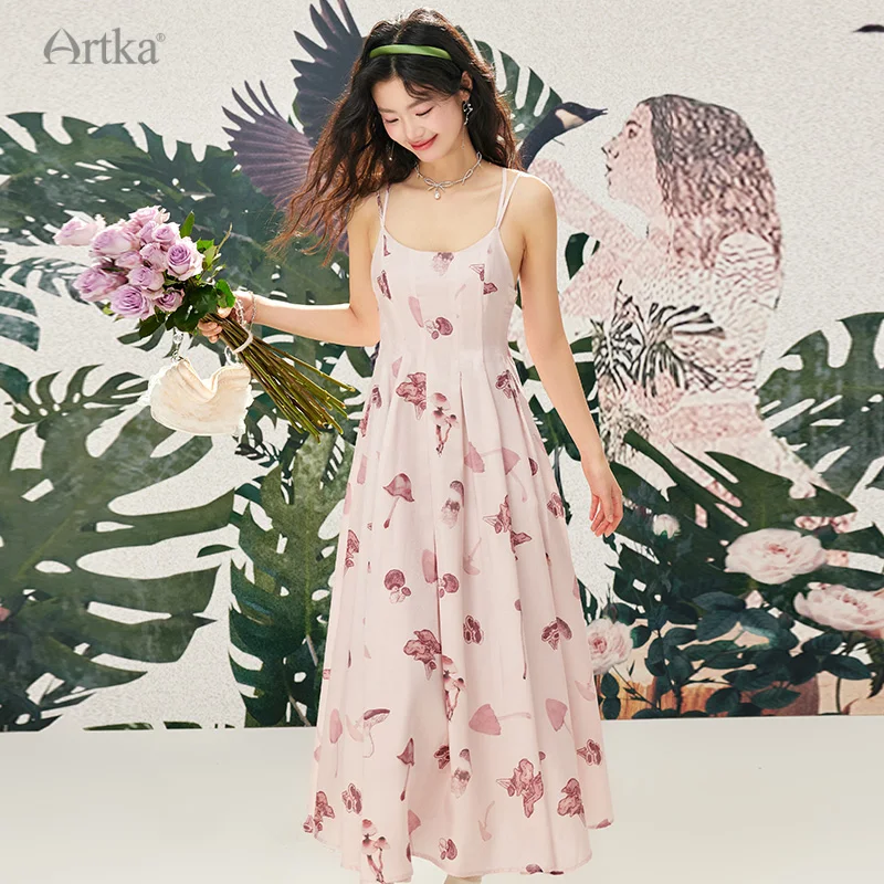 ARTKA 2024 Summer New Women Dress Elegant Floral Print High Waist Sleeveless Dresses Spaghetti Strap A-Line Long Dress LA92142C